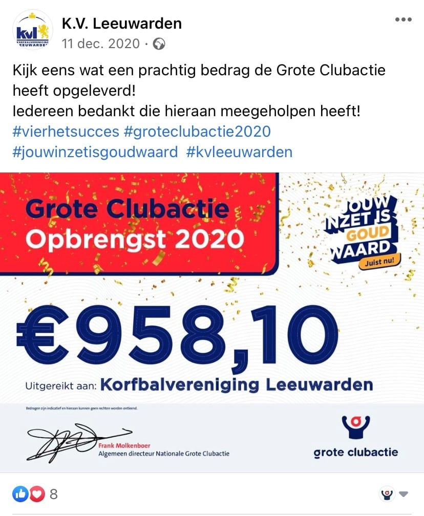 Korfbalvereniging Leeuwarden Opbrengst korfbalvereniging Leeuwarden