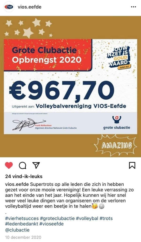 Volleybalvereniging VIOS Eefde Opbrengst volleybalvereniging VIOS